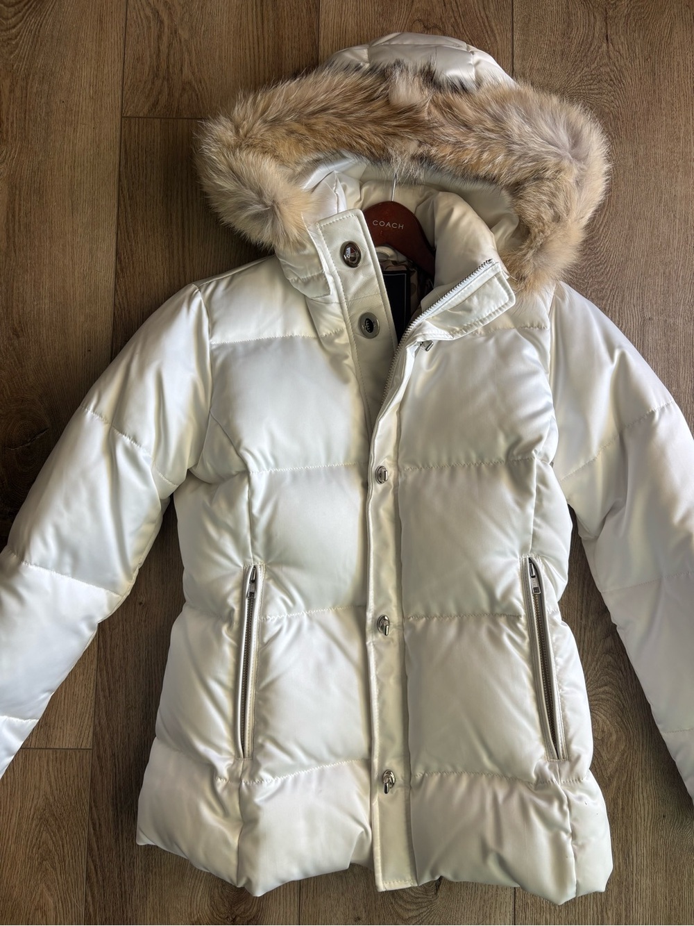 Women’s Vintage Coach White Down Puffer Jacket with Fur Hood